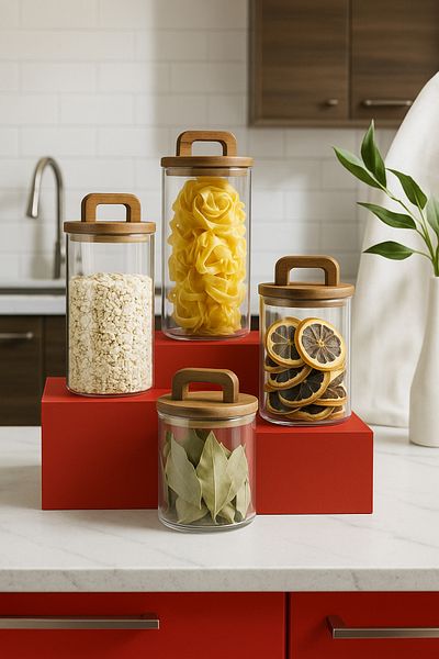 LOVER'S KİTCHEN aradığınız herşey 4' Vacuum Acacia Lid Glass Jar - Food/Pulses Storage Container Set