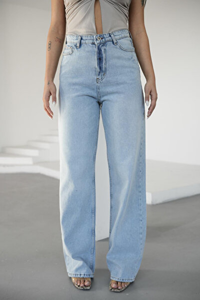 Denim Republic بنطلون نسائي باللون الأزرق الجليدي كامل الطول وخصر عالي
