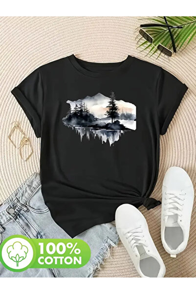 İSMTEXS تي شيرت من القطن الممشط مطبوع عليه منظر جبلي بأكمام قصيرة للجنسين من ...