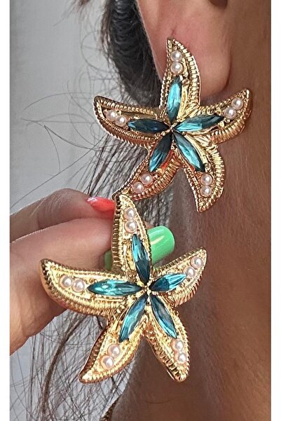 juleeco Mavi Zirkon Taşlı İncili Denizyıldızı Küpe(3,5x3,5cm)