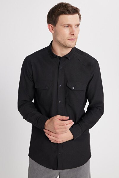 Tudors Erkek Regular Fit Rahat Kesim Çift Cepli Spor Yaka Denim Siyah Gömlek