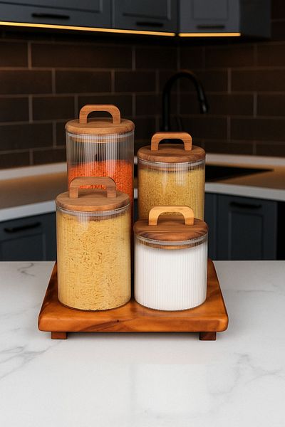 LOVER'S KİTCHEN aradığınız herşey 4' Vacuum Acacia Lid Glass Jar - Food/Pulses Storage Container Set
