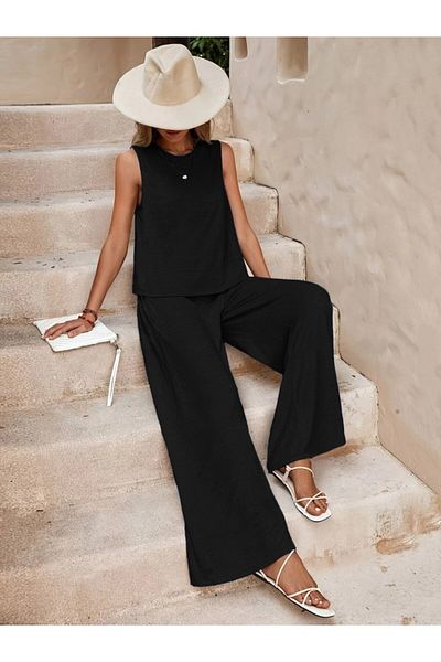 Modayakamoz New Season Women's Zero Sleeve Crew Neck Aerobin Blouse and Trousers Two-Piece Set