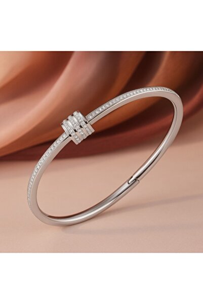 REDz Accessories Brățară elegantă de damă, model rigid cu cristale de zirconiu, trei inele decorative, argint