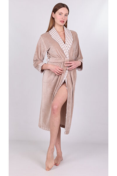 Nuşa Collar Dot Striped Niki Velvet Bamboo Cotton Dressing Gown