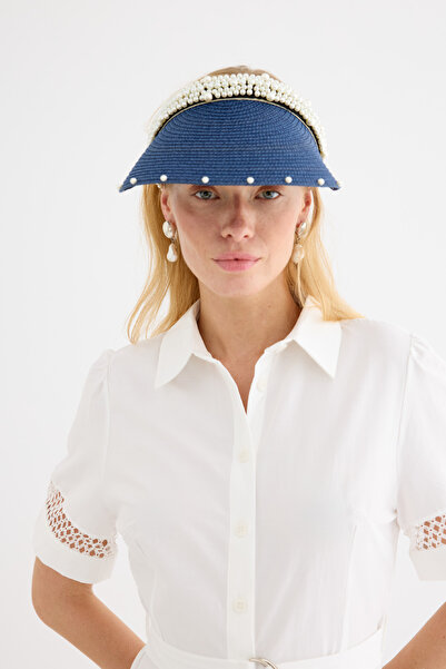 EMNORA İncili Vizör Hasır Şapka Lacivert