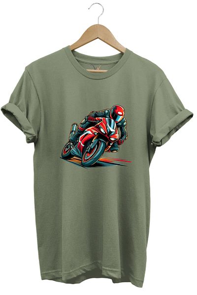WİDİ Red Racing Motorcycle Printed 100% Cotton Regular Fit Unisex T-Shirt
