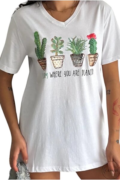Cassime Women's White 100% Cotton Cactus Sequin Embroidered Large Size T-Shirt