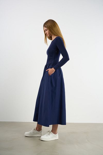 HANIQA Rochie de damă din bumbac pieptănat cu mâneci lungi cu buzunare Princess Cut - 36-50 |   25216