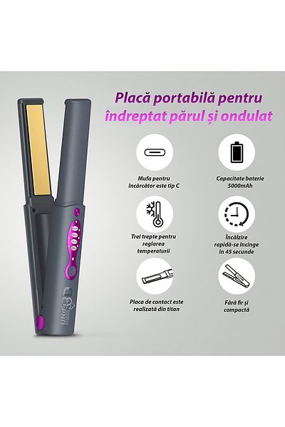 Unified Studios 2in1 Cordless Hair Straightener, Straightening & Curling, Portable, Fast Heating, 5000mAh, Gray