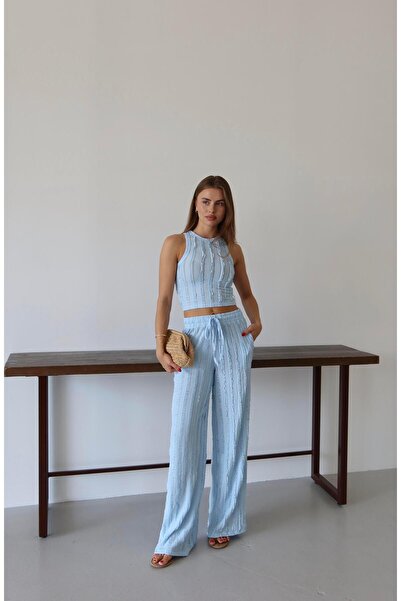 Jeevee Set top scurt texturat cu valuri și pantaloni cu talie legată