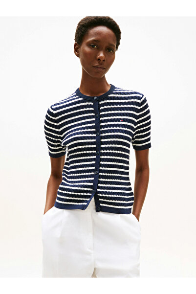 Tommy Hilfiger سترة نسائية من القطن المحبوك الرقيق بأكمام قصيرة وياقة دائرية ...