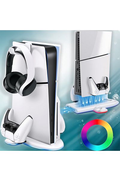 Unified Studios PS5 Slim Vertical Stand with 5500RPM Fan, Dual Controller Charger, RGB, USB, White