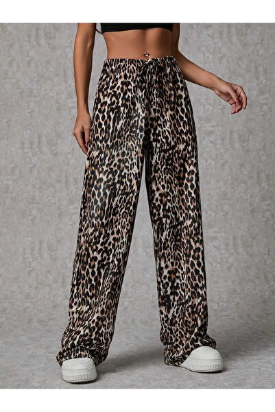 ZEYNEP RANA Kadın Leopar Desenli Bağlamalı Uzun Pantolon