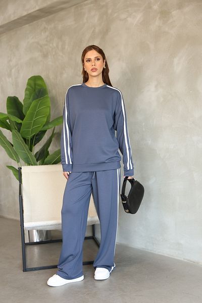 sportiness Stripe Detailed Oversize Wide Leg Modal Fabric Tracksuit Set