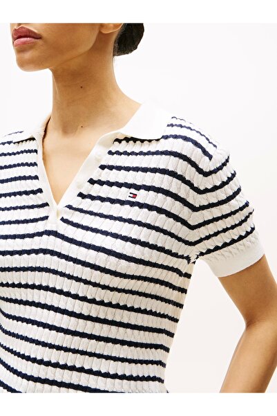 Tommy Hilfiger Women's Cotton Thin Knit Short Sleeve White Polo Collar Sweater Ww0Ww414740Fg