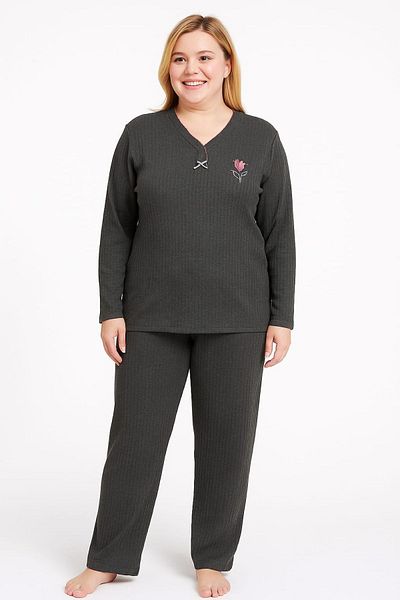 enmodaiçgiyim Anthracite 100% Cotton Plus Size Embroidered Long Sleeve Women's Pajama Set – Home Wear with Soft Texture