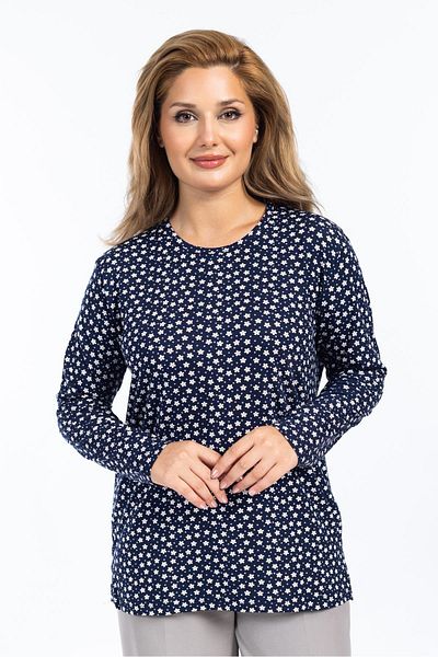 Mutlu City Women's High Quality Round Neck Floral Patterned Middle Age Mother Combed Cotton Blouse 6541