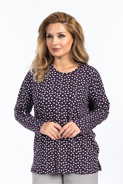 Mutlu City Women's High Quality Round Neck Floral Patterned Middle Age Mother Combed Cotton Blouse 6541
