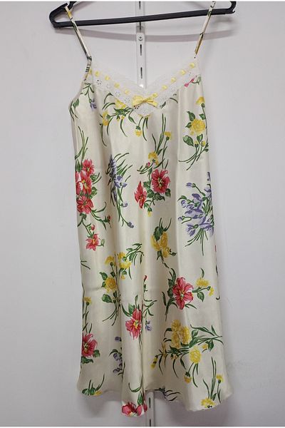 ENGIN Women's 2-Piece Ecru Floral Satin Dressing Gown Nightgown Set