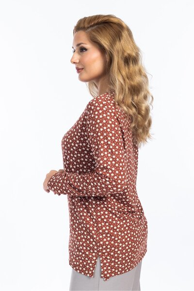 Mutlu City Γυναικεία χτενισμένη βαμβακερή μπλούζα με λουλουδάτο μοτίβο με στρογγυλή λαιμόκοψη 6541