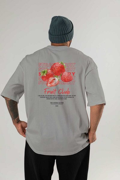 Ankhises Strawberry Back Printed Gray Oversize T-Shirt Men Women Cotton Crew Neck Tshirt