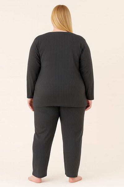 enmodaiçgiyim Anthracite 100% Cotton Plus Size Embroidered Long Sleeve Women's Pajama Set – Home Wear with Soft Texture