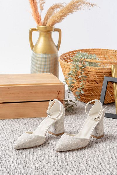 Egepass "Luan Pearl Stone Ankle Strap Cream Heeled Shoes"