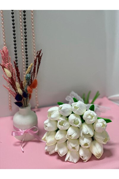 Papatya Flowers توليب مبلل، ملمس حقيقي، باقة زفاف، توليب أبيض، 20 قطعة