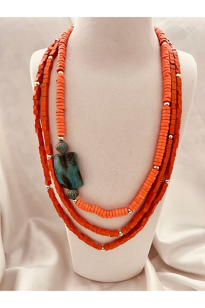 COCOSH TAKI Orange Wood Bead Turquoise Stone Double Long Multi Necklace