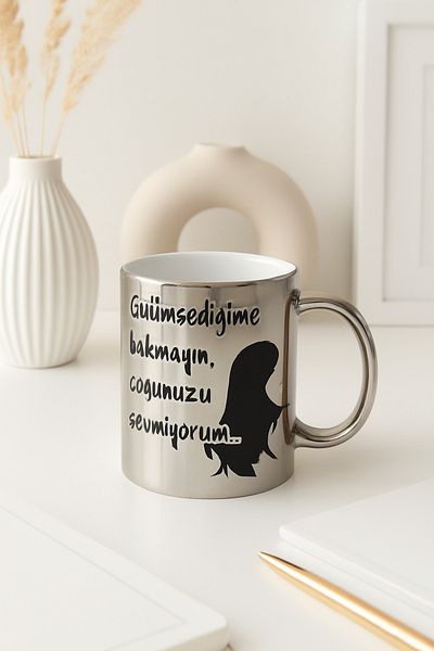 çokaş Pack of 3 Lettering Print Large Size Silver Tea Mug Cups
