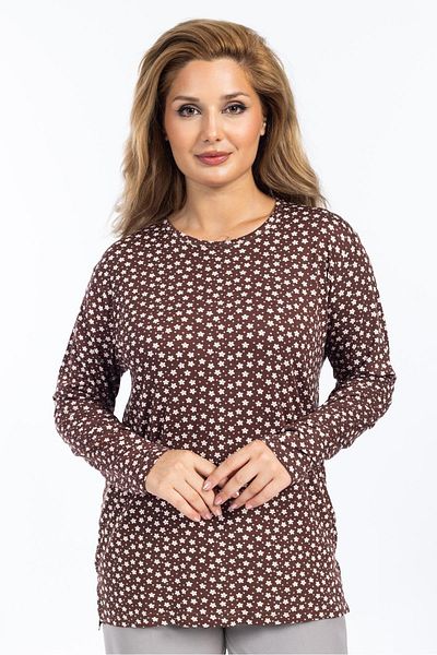Mutlu City Women's High Quality Round Neck Floral Patterned Middle Age Mother Combed Cotton Blouse 6541