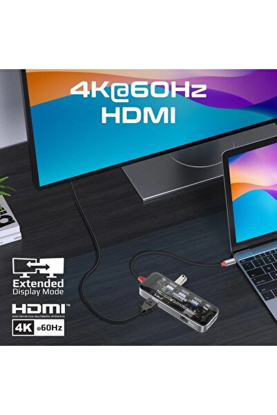 Promate موزع USB-C متعدد المنافذ فائق السرعة شفاف 9 في 1 مع توصيل طاقة 100 وات