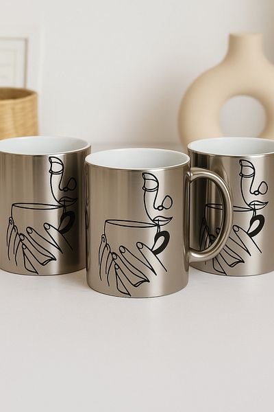 çokaş Pack of 3 Women's Printed Large Size Silver Mug