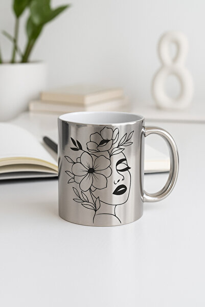çokaş Women's Printed Large Size Silver Porcelain Mug