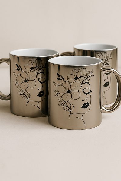çokaş Pack of 3 Women's Printed Large Size Silver Mug