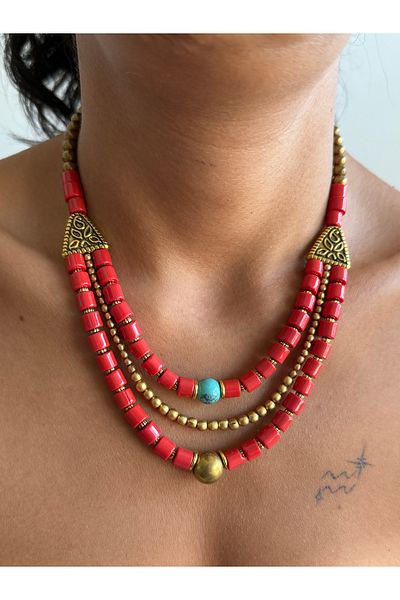 dela otantik Handmade Authentic Ethnic Red Layered Necklace – Indian Bohemian Big Jewelry with Turquoise and Brass Detail