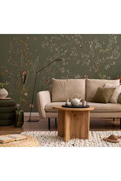 Tasarım Yeşil Zemin Üzeri Ağaç Dalları Çiçekler ve Kuşlar Duvar Kağıdı