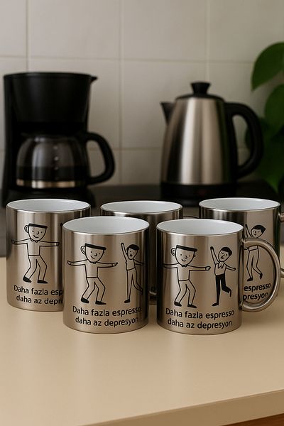 çokaş Pack of 5 Writing Print Large Size Silver Tea Mug Cups