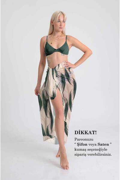 DESENİX Green Waves Patterned Pareo Brush Trace Design on Calm Beige Backgrou...