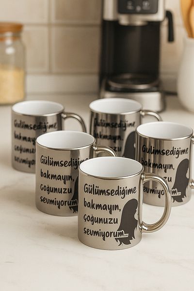 çokaş Pack of 5 Writing Print Large Size Silver Tea Mug Cups