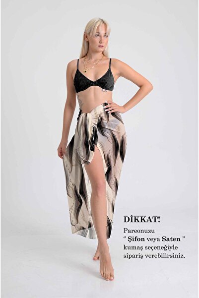 DESENİX Brush Touch Abstract Pattern Pareo Black Wave on Milk Coffee Backgrou...