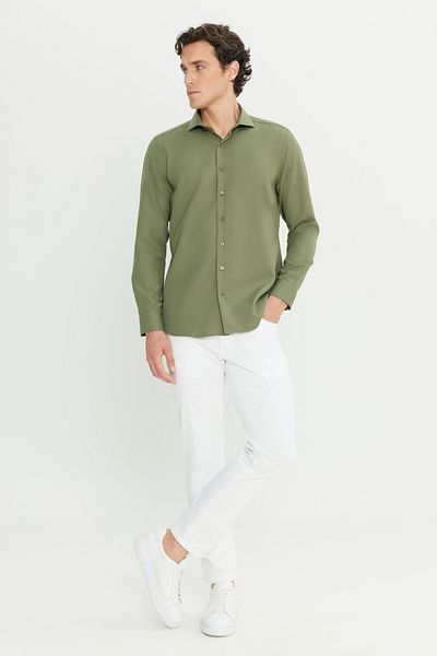AC&Co / Altınyıldız Classics Men's Khaki Tailored Slim Fit Slim Fit Small Italian Collar Dobby Oxford Shirt