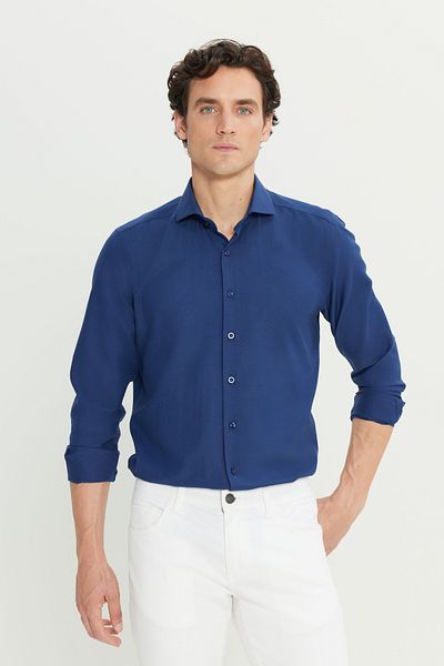 AC&Co / Altınyıldız Classics Men's Navy Blue Tailored Slim Fit Slim Fit Small Italian Collar Dobby Oxford Shirt