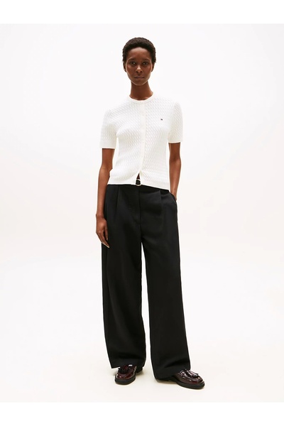 Tommy Hilfiger Women's Cotton Thin Knit Short Sleeve Crew Neck White Sweater Ww0Ww45707Ya8