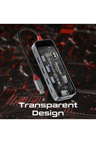 Promate موزع USB-C متعدد المنافذ فائق السرعة شفاف 9 في 1 مع توصيل طاقة 100 وات