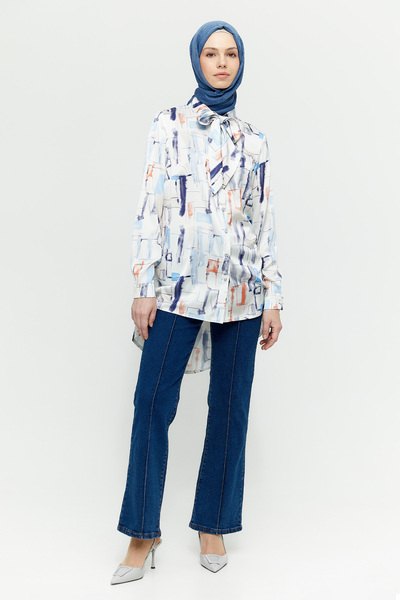 Setrms Fular Yakalı Desenli Şifon Gömlek