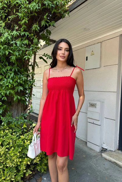 PASTELASTORE Red Short Cotton Summer Dress – Strap Tie-Up Unlined