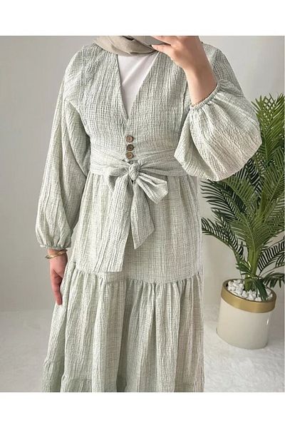 sportiness Button Detailed Balloon Sleeve Seersucker Linen Blouse Skirt Suit