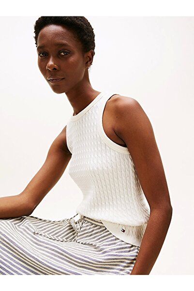 Tommy Hilfiger Women's Cotton Thin Knit Sleeveless Slim Fit White Sweater Ww0Ww45706Ya8